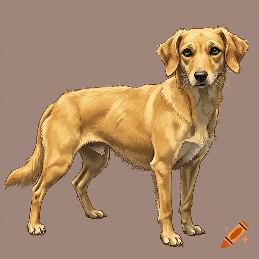 A golden dog with green eyes is standing.