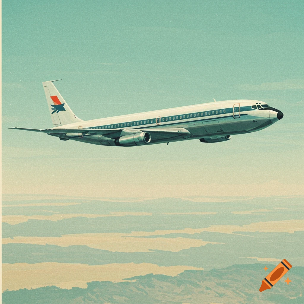 A vintage illustration of an airplane flying above clouds and land.