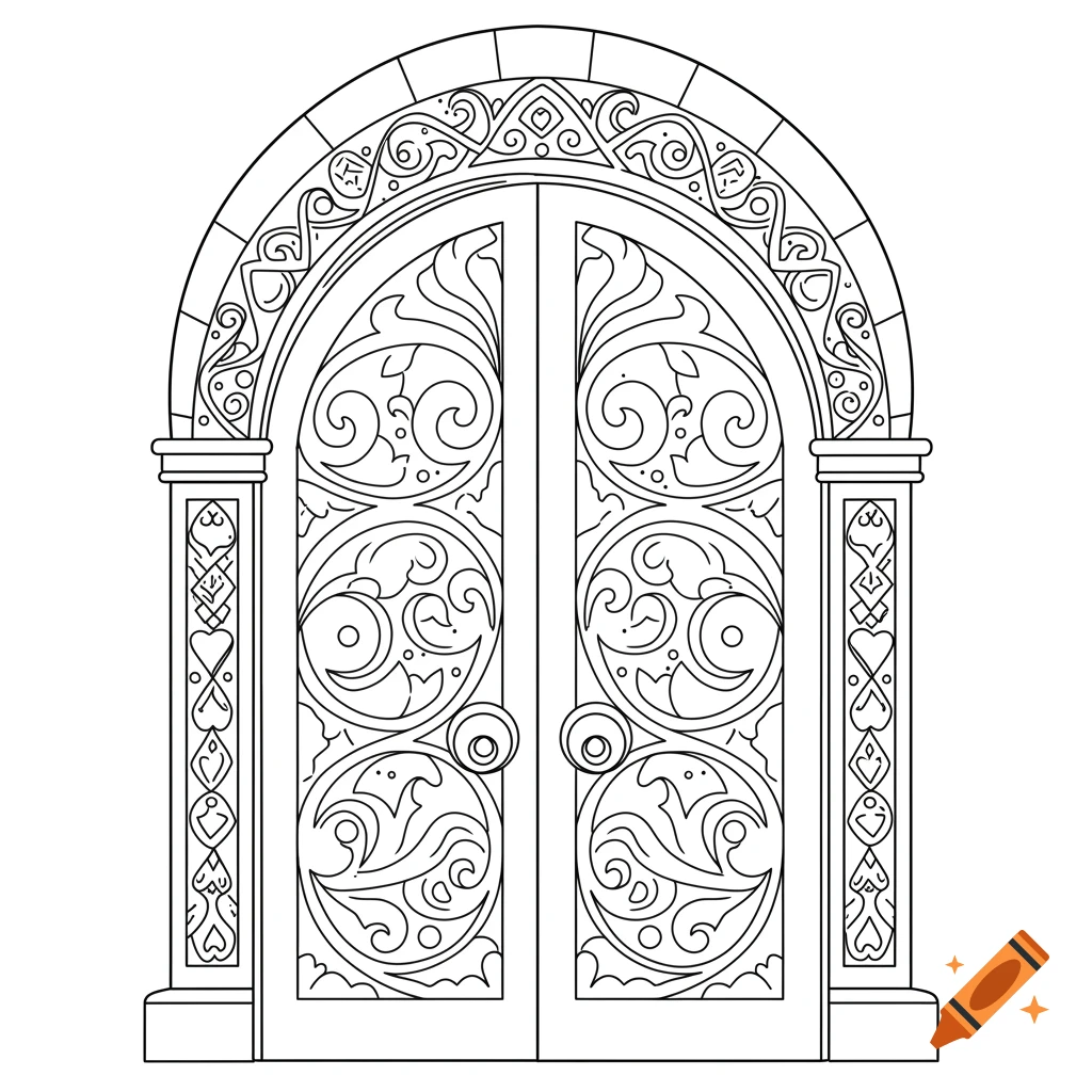 Black and white line art of an ornate arched door with intricate carvings and decorative patterns.