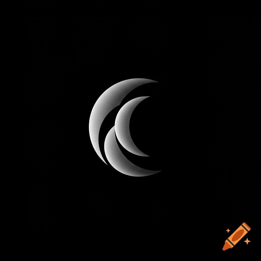 Abstract logo with layered white and grey crescent shapes on a black background.