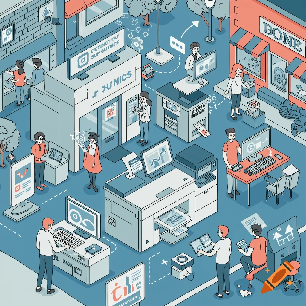 Isometric digital illustration of people using printers, computers, and technology in an office/business setting.
