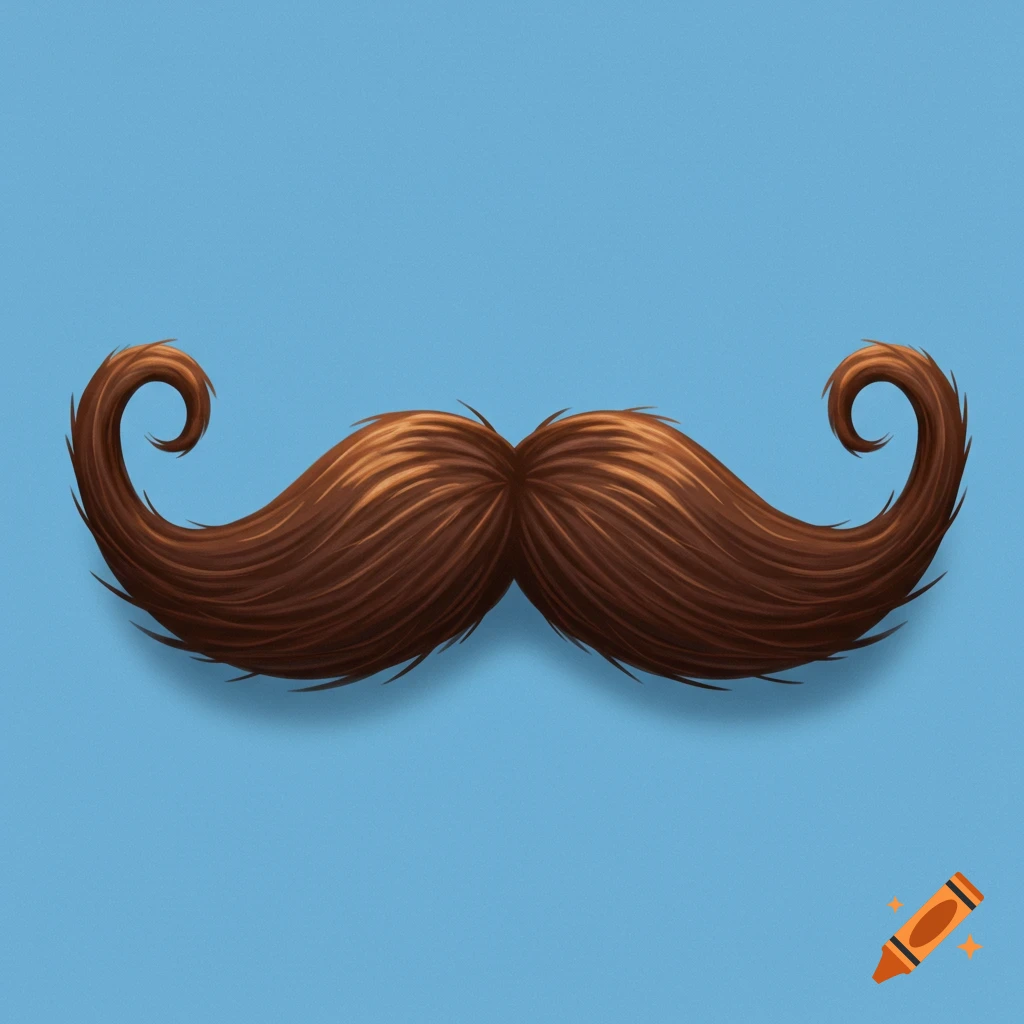 A brown mustache with curled ends on a blue background.