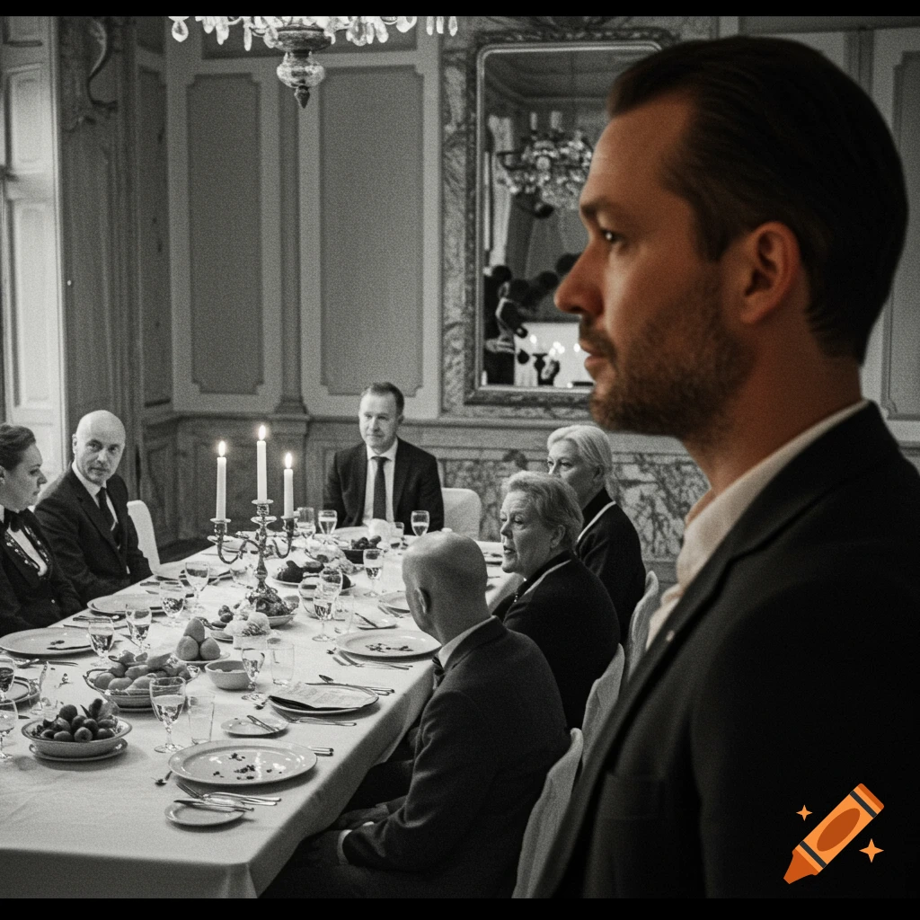 Black and white image of people at a formal dinner, man's profile in foreground.