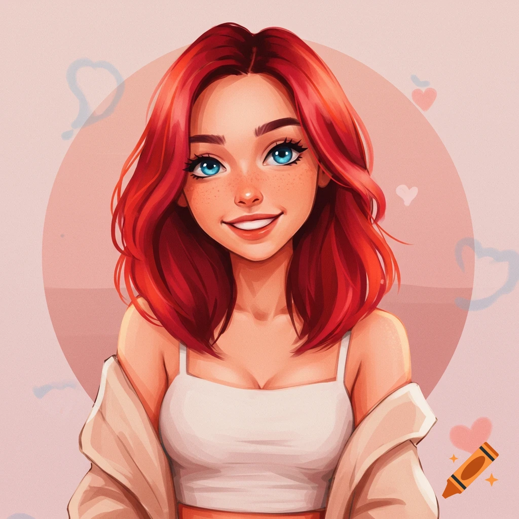 Stylized illustration of a woman with red hair and blue eyes