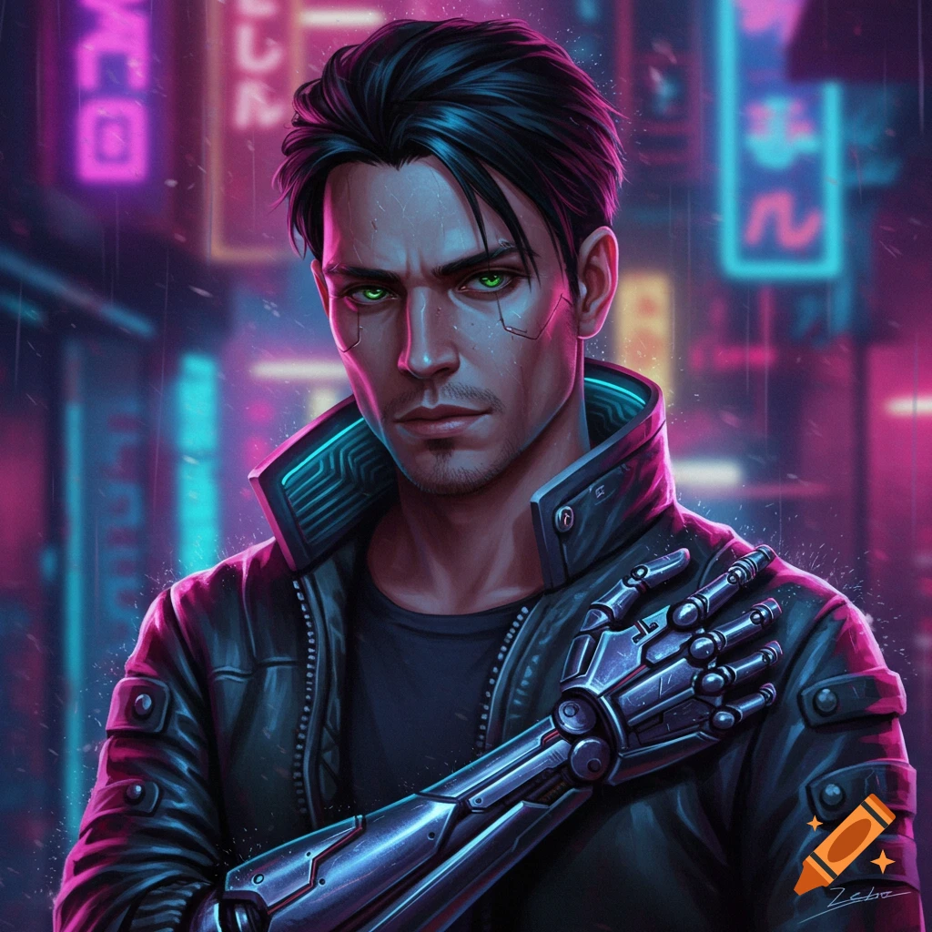 Digital portrait of a man with a robotic arm and green eyes in a cyberpunk city with neon signs.