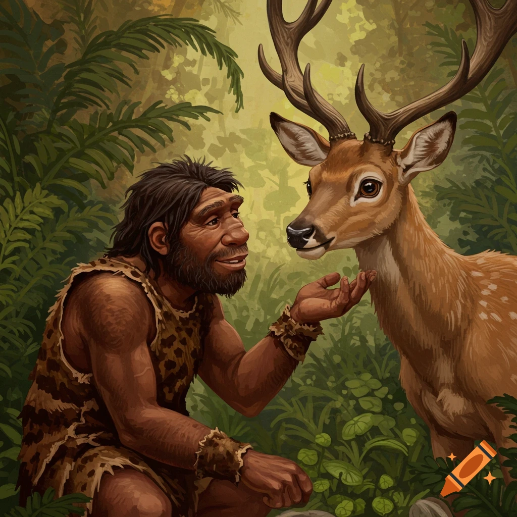A Neanderthal interacting with a deer in a forest clearing.