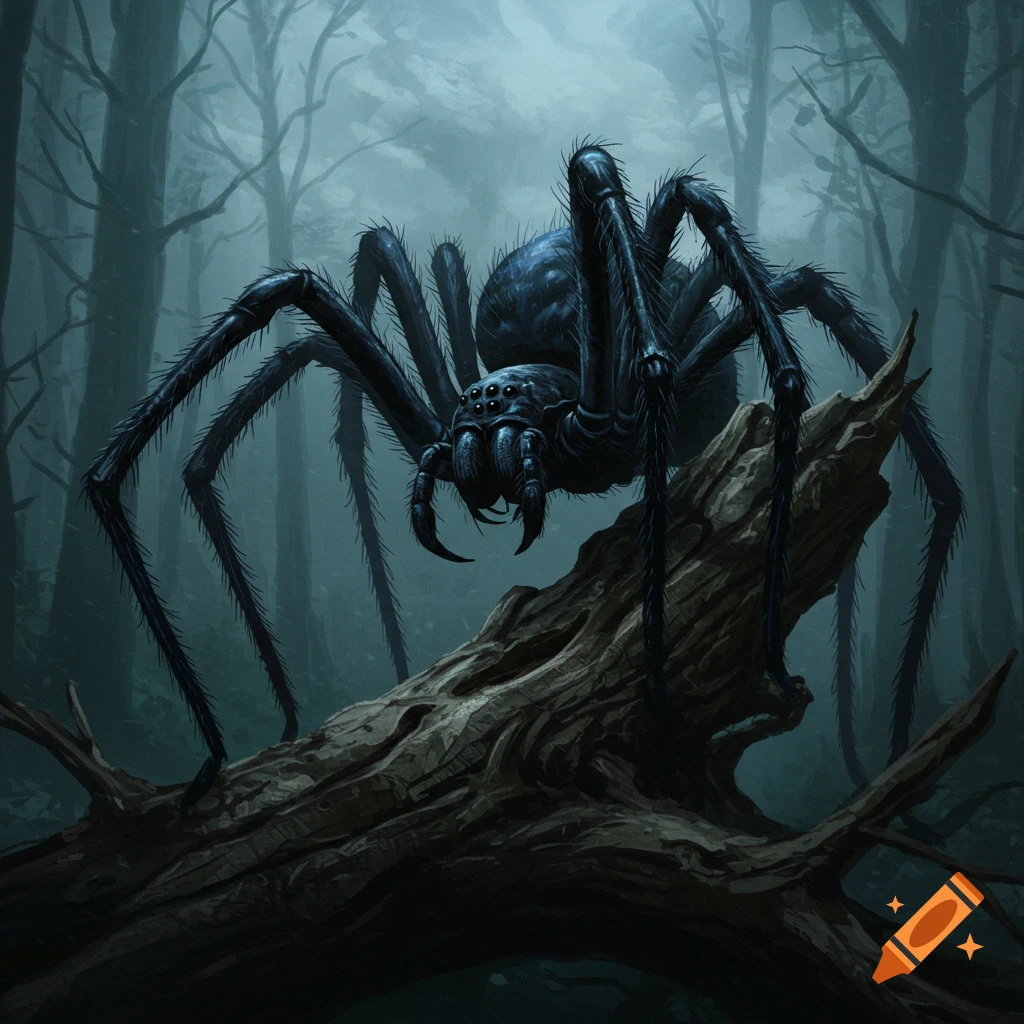 A large spider is perched on a fallen log in a dark, misty forest.