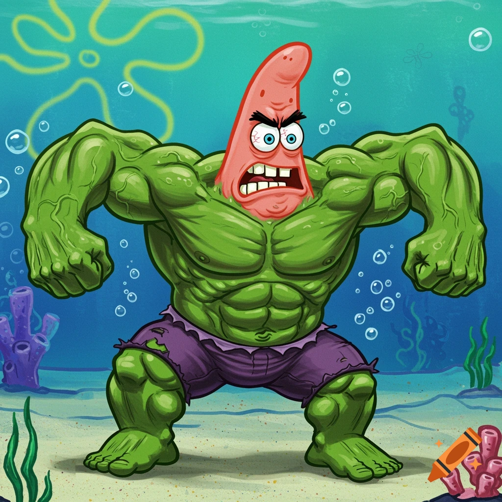 Patrick Star from SpongeBob SquarePants as the Incredible Hulk in Bikini Bottom.