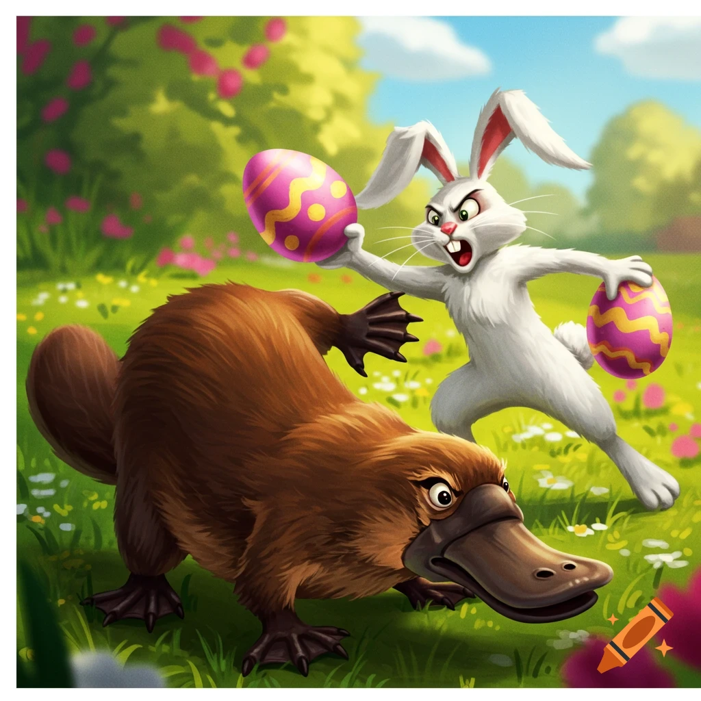 A cartoon platypus and Easter bunny fight over colorful Easter eggs in a grassy field.