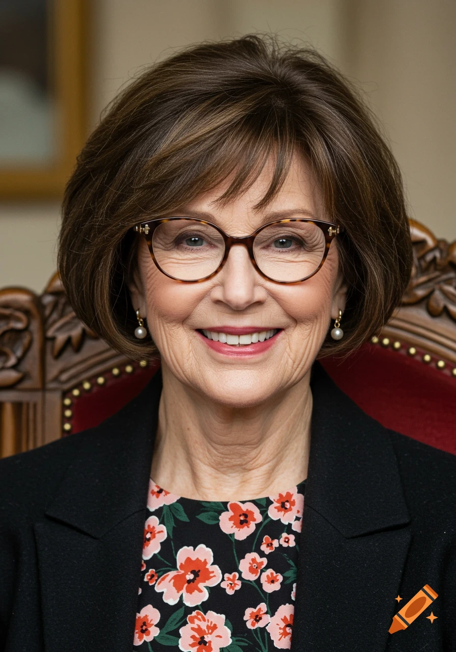 Portrait of a smiling older woman with glasses and a floral top, seated in a carved chair.