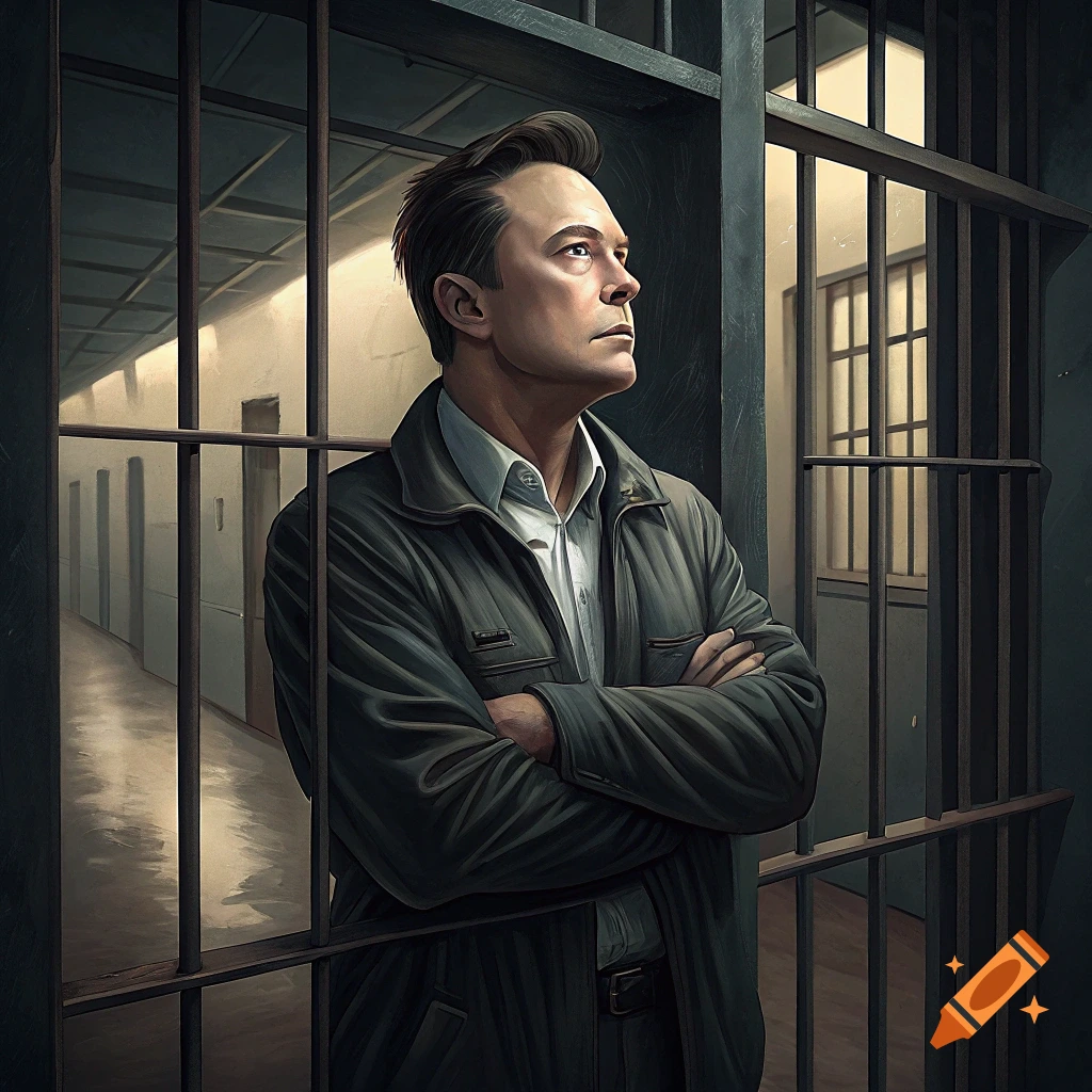 Illustrative portrait of a man resembling Elon Musk standing in a prison cell with his arms crossed, looking up.
