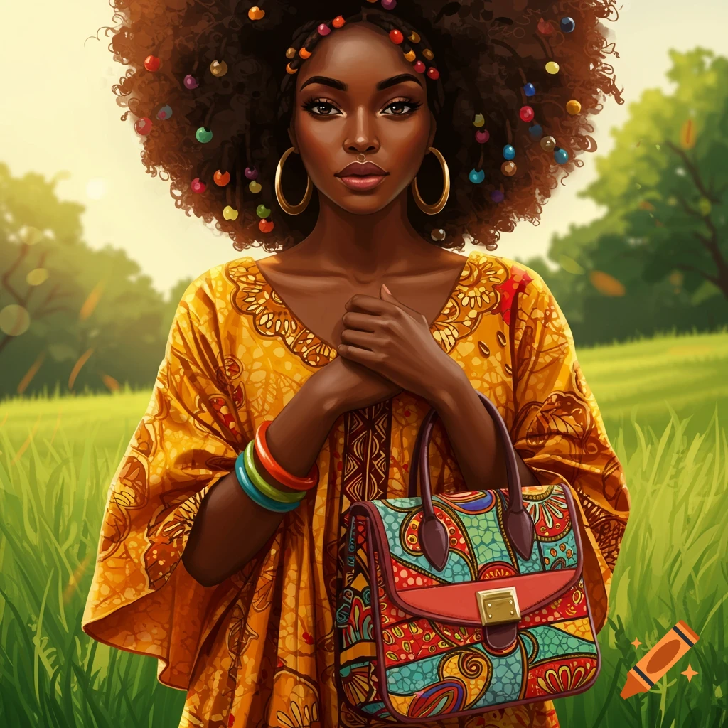 a Black woman in a colorful dress and afro hairstyle holding a purse in a field.