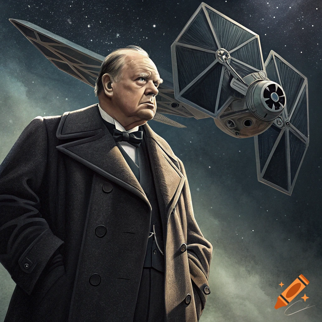 Winston Churchill looking at a TIE Fighter in a starry sky.