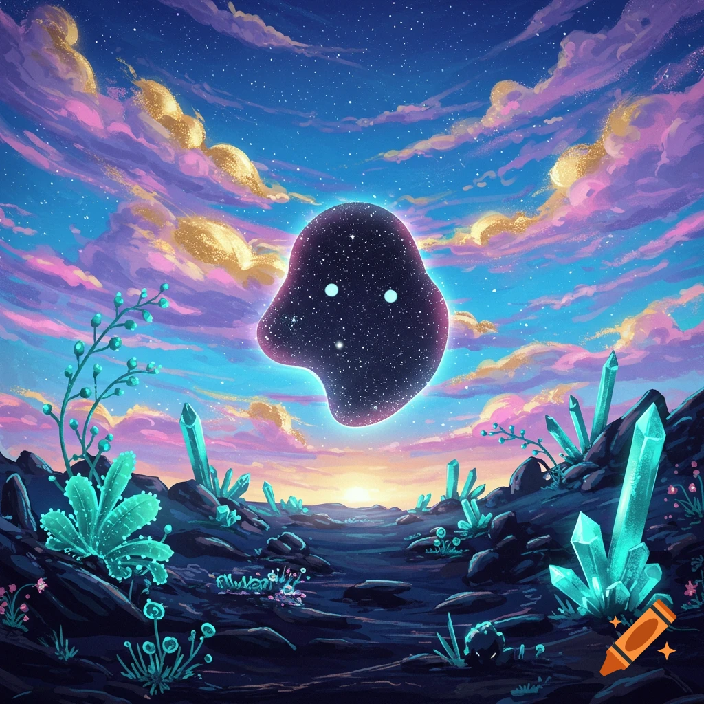A starry space creature floats over a landscape with glowing crystals under a colorful sky.