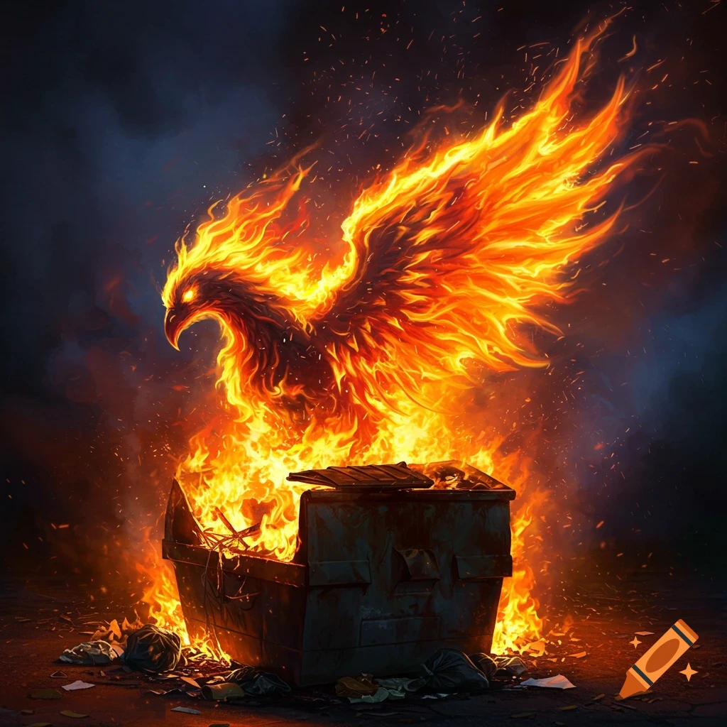 A fiery phoenix rises with wings of flame from a burning dumpster.
