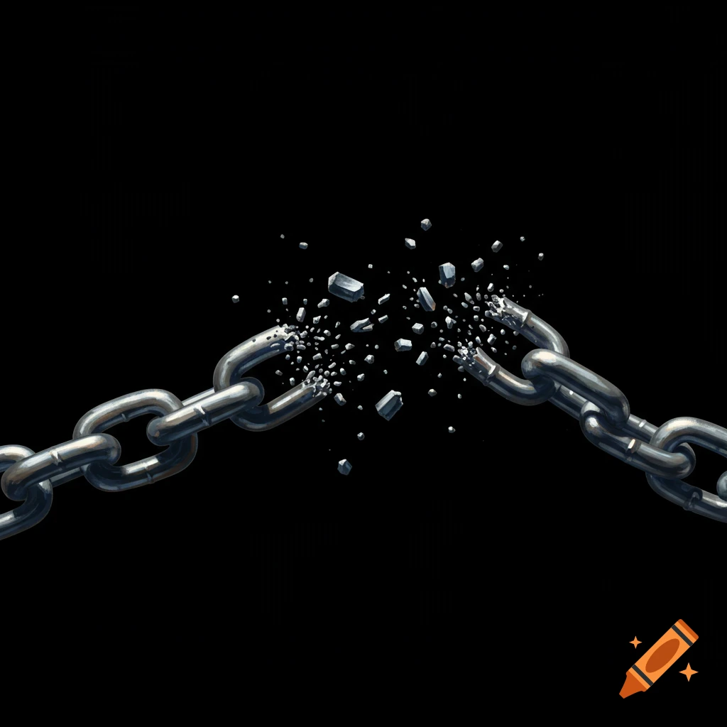 A metal chain breaking apart in the middle against a black background.
