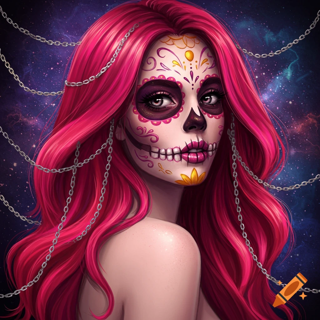 A woman with pink hair and sugar skull makeup is shown against a starry background. She is adorned with chains.