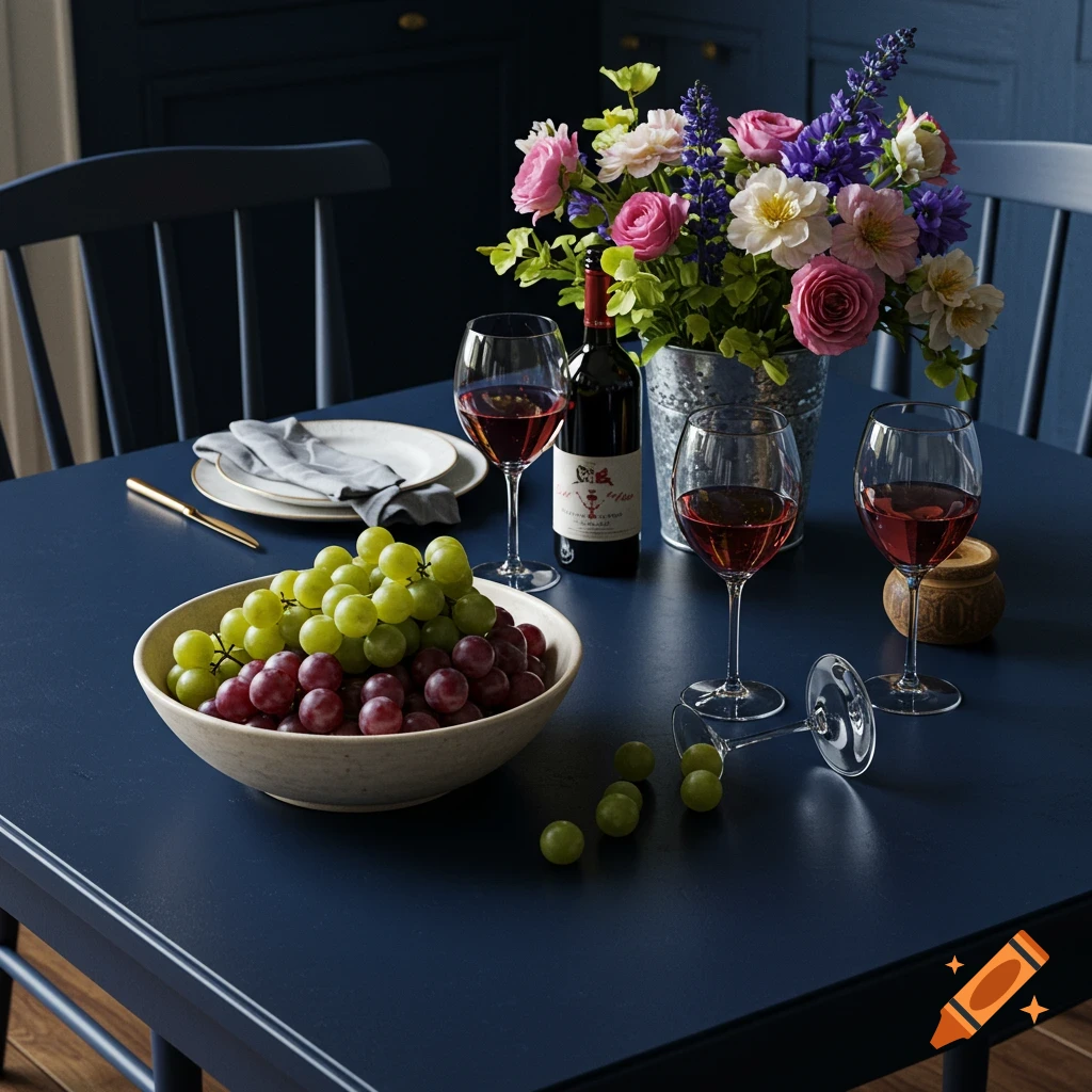 Kitchen setting with grapes, flowers, and wine on a navy table on Craiyon