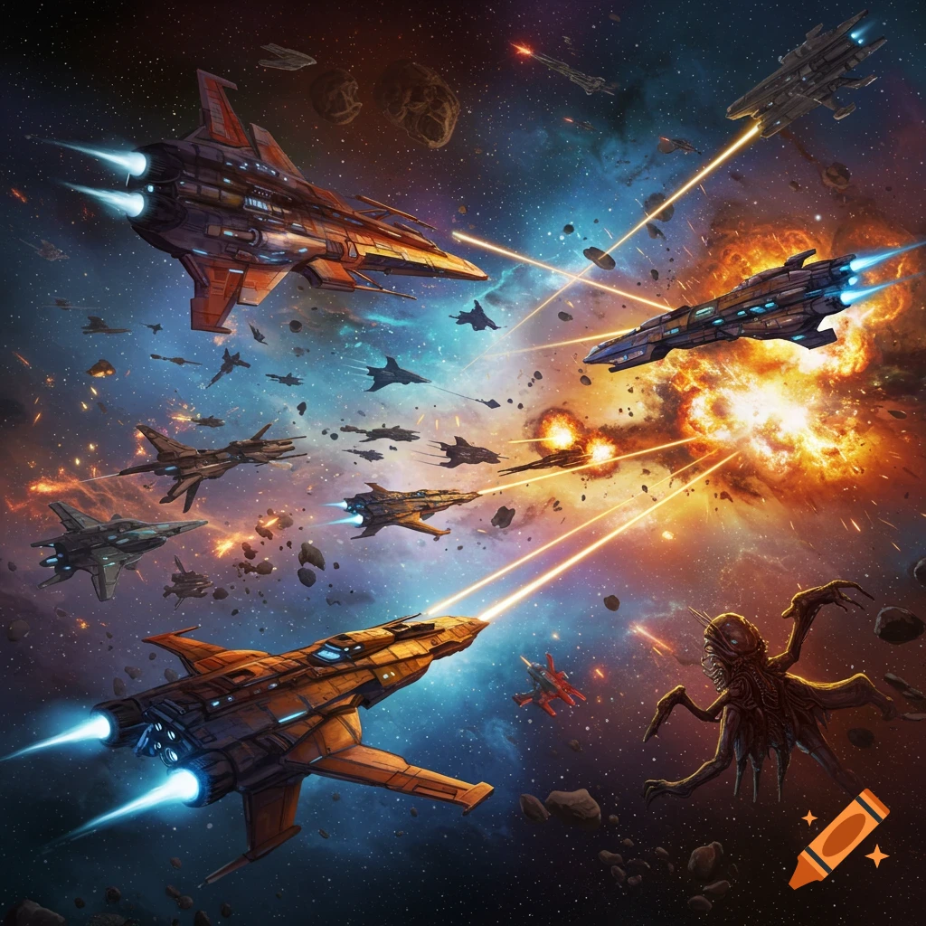 A space battle with spaceships firing lasers and explosions, featuring a large alien creature.