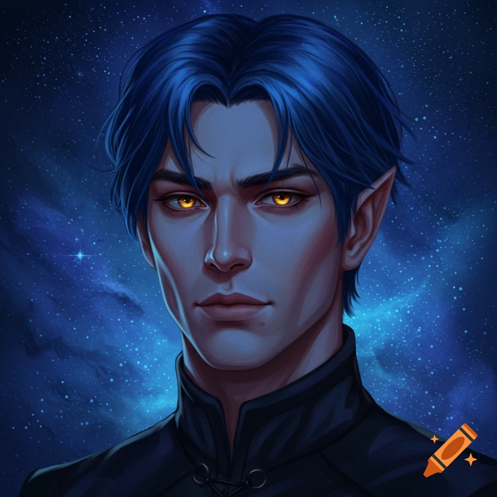A man with blue hair, golden eyes, and pointed ears against a starry sky.