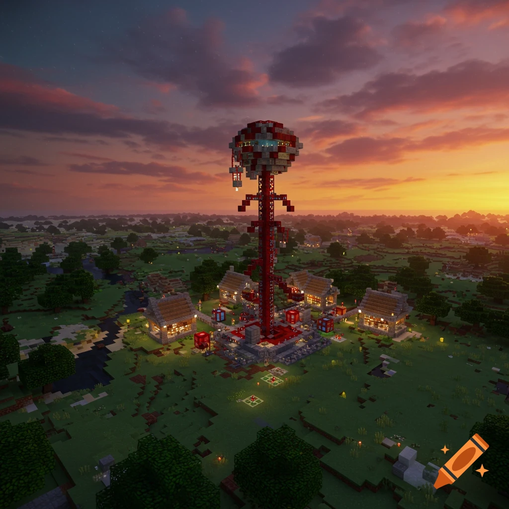 Minecraft build with a tall red structure, houses, and trees at sunset
