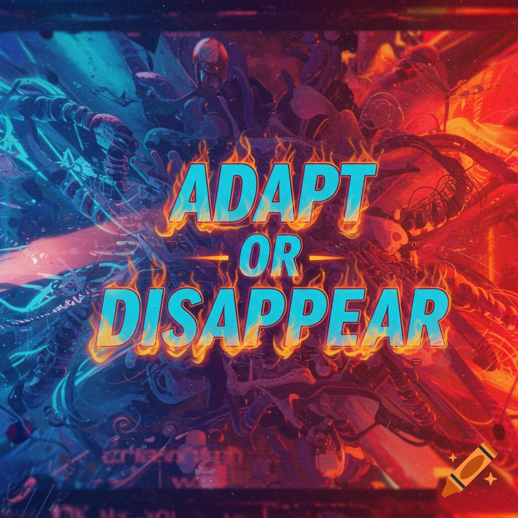 Text ADAPT OR DISAPPEAR surrounded by abstract red and blue forms.