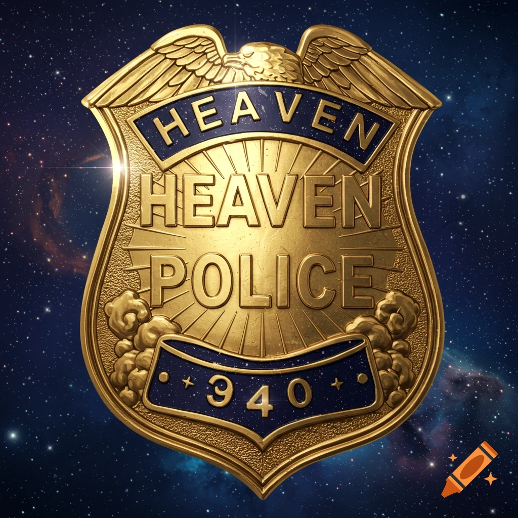 Shiny metallic gold Heaven Police badge against a starry space background.
