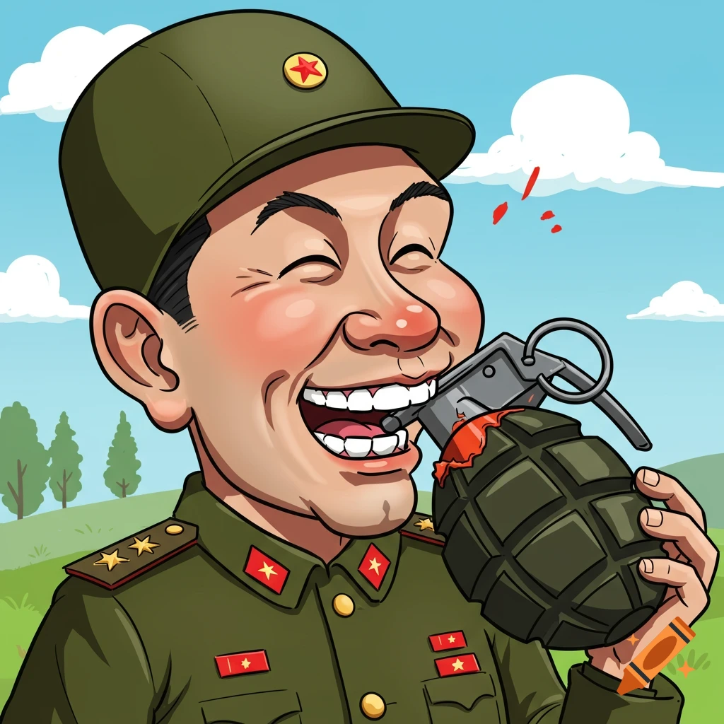 Cartoon of a laughing soldier in uniform biting into a grenade