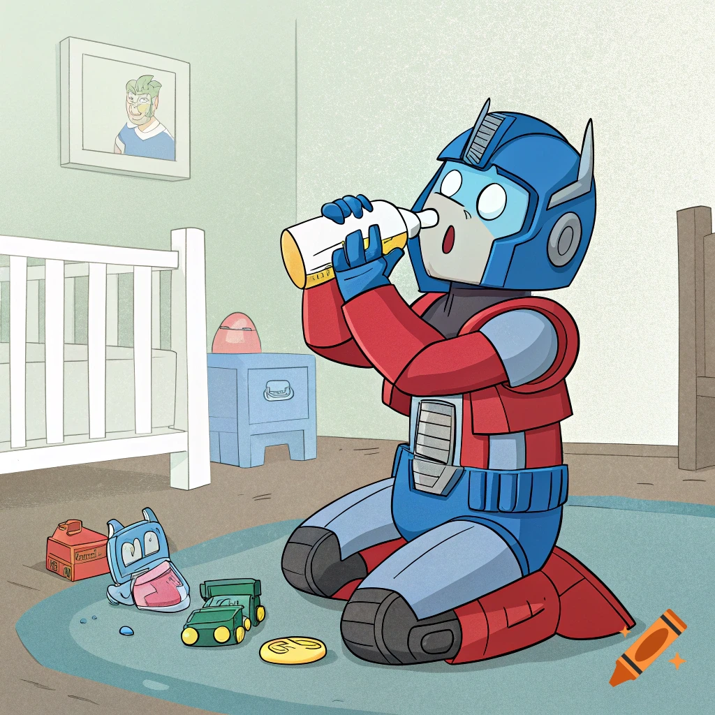Cartoon Optimus Prime kneels, drinking from a baby bottle in a nursery