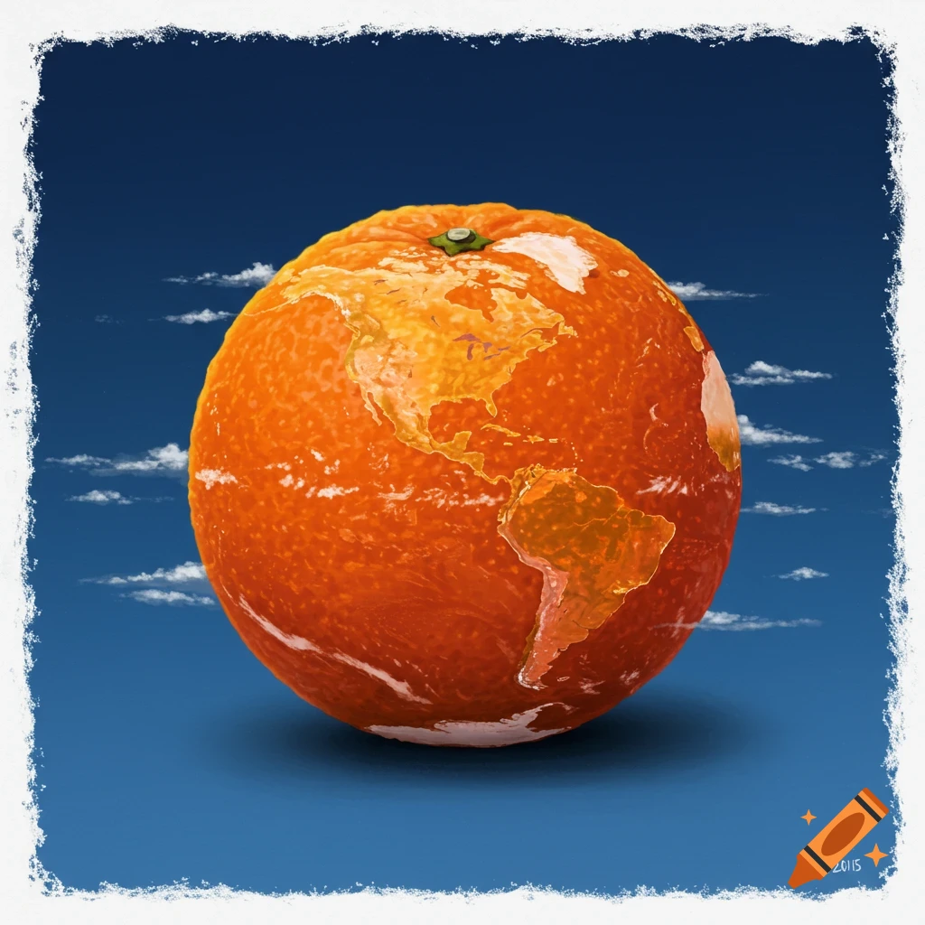 An orange depicted as the Earth floats in a blue sky with clouds.