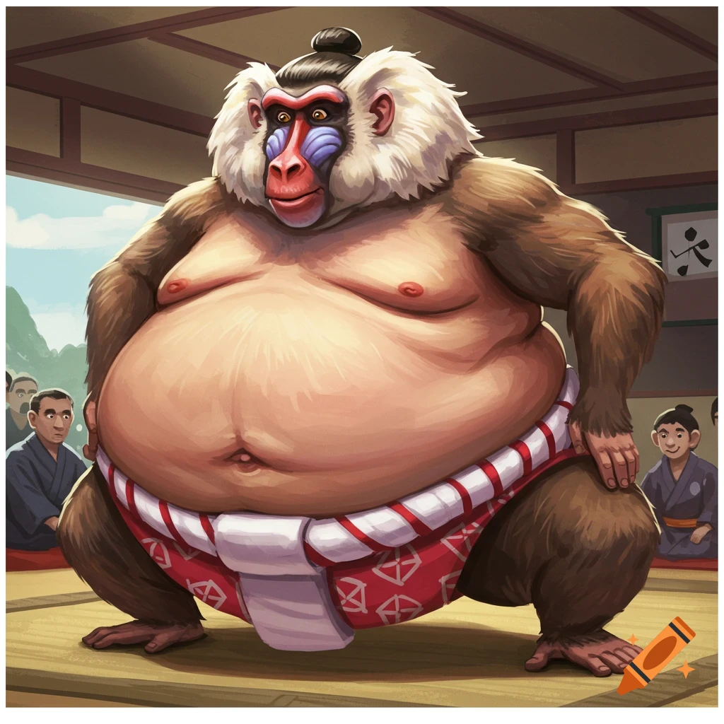 A large baboon in a sumo wrestler pose, wearing a mawashi belt, in a sumo ring.