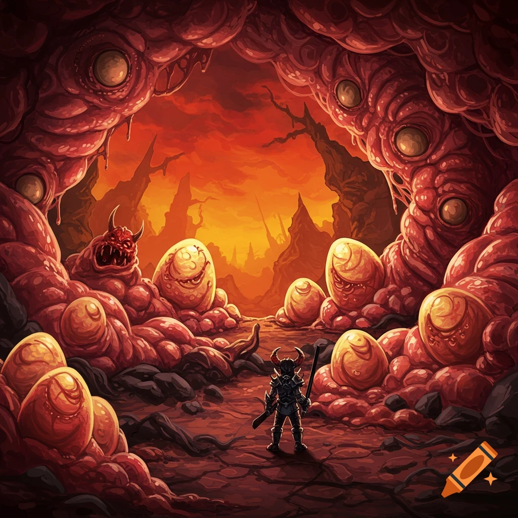 A demonic hellscape with fleshy growths, smiling eggs, a monster, and a figure in armor.