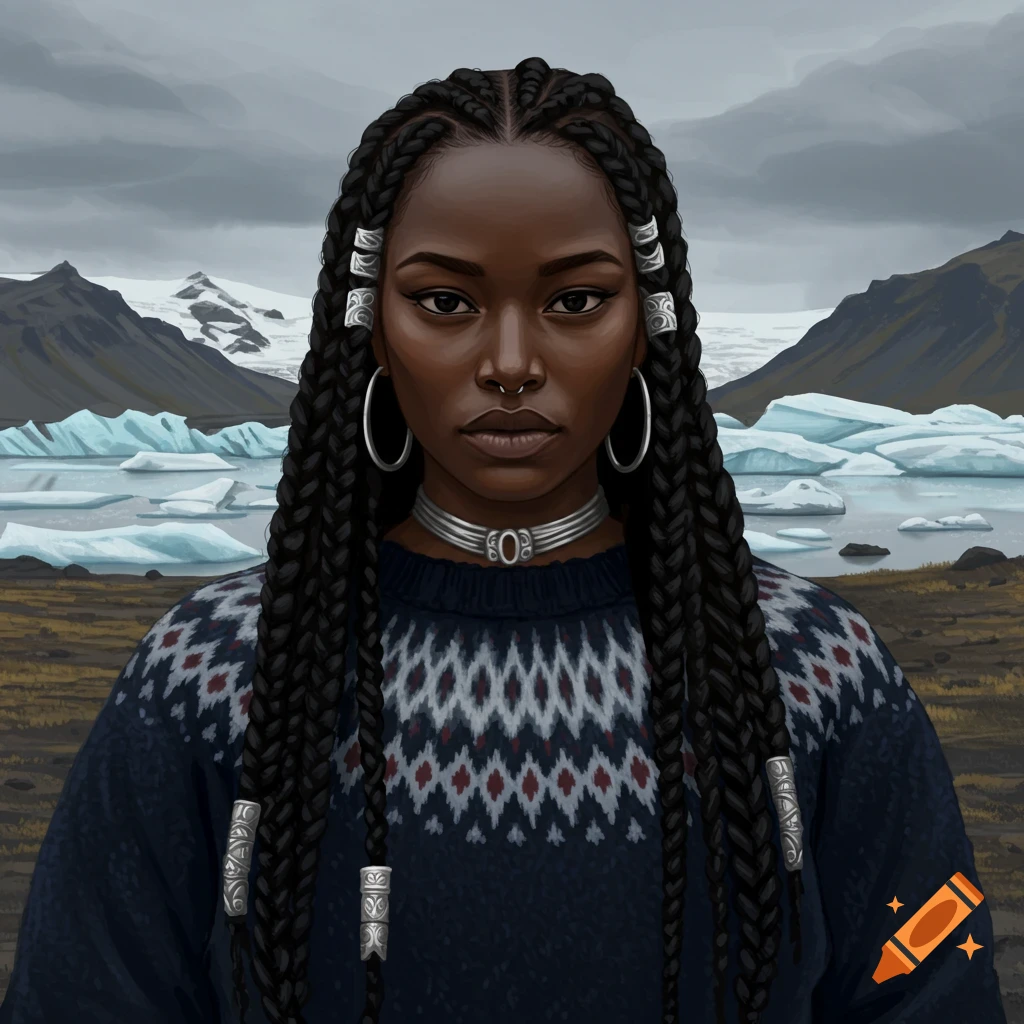 Black woman with braided hair in an icy landscape