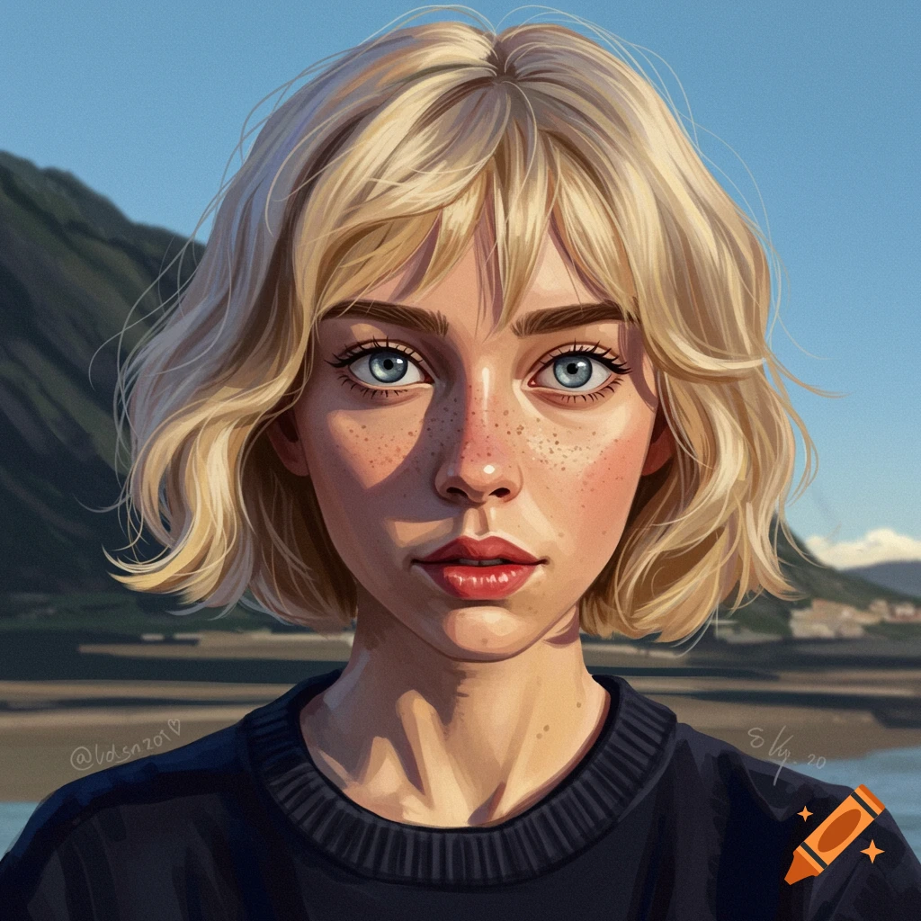 A young woman with short blonde hair, blue eyes, and freckles.