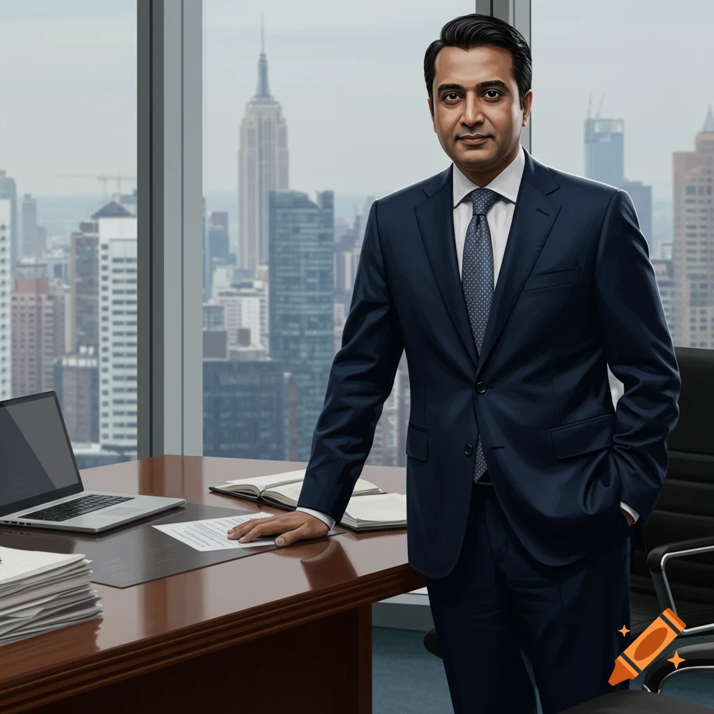 Image of a CEO in a suit standing by a desk with a laptop in an office with a city view.