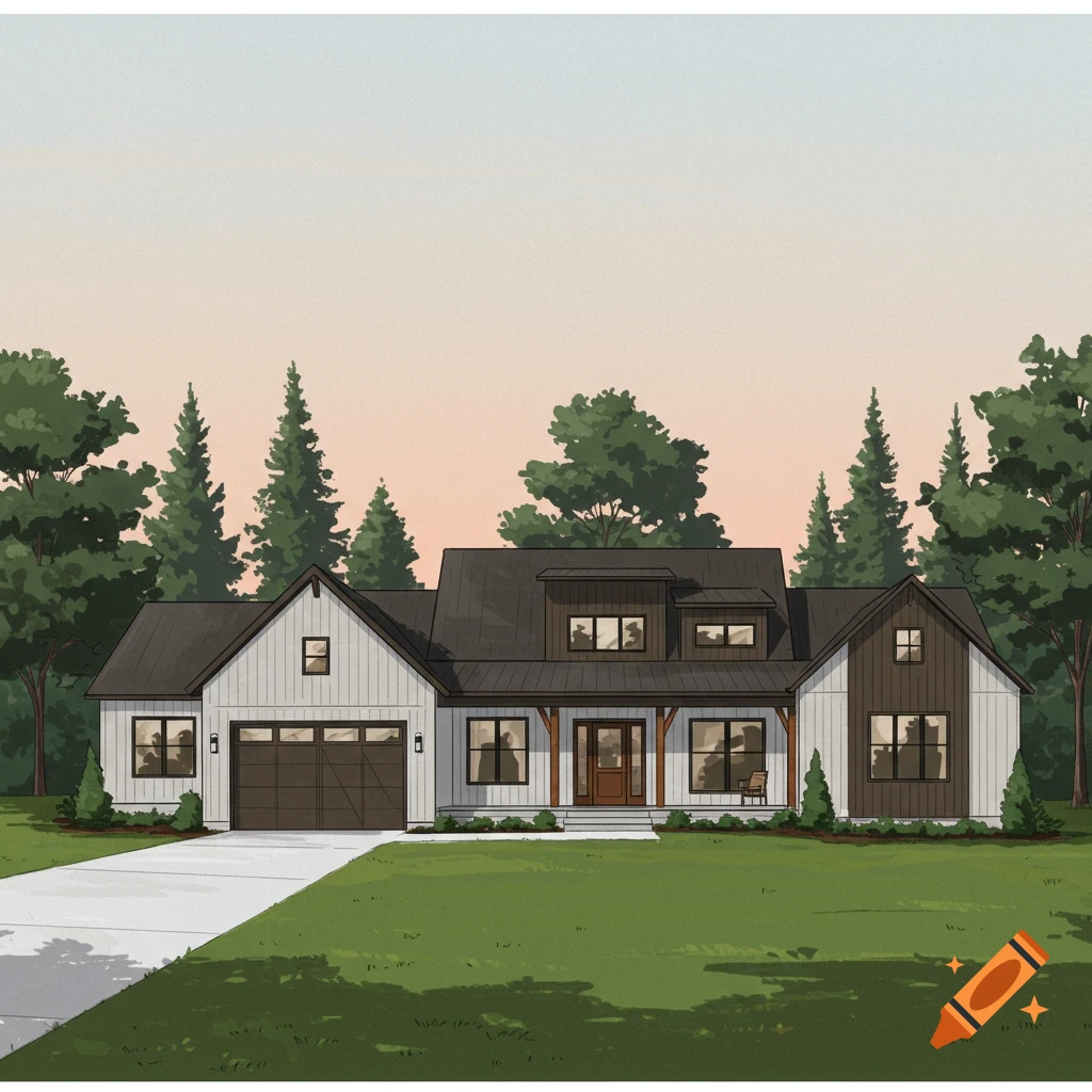 A modern farmhouse style house with a garage, porch, and landscaping.