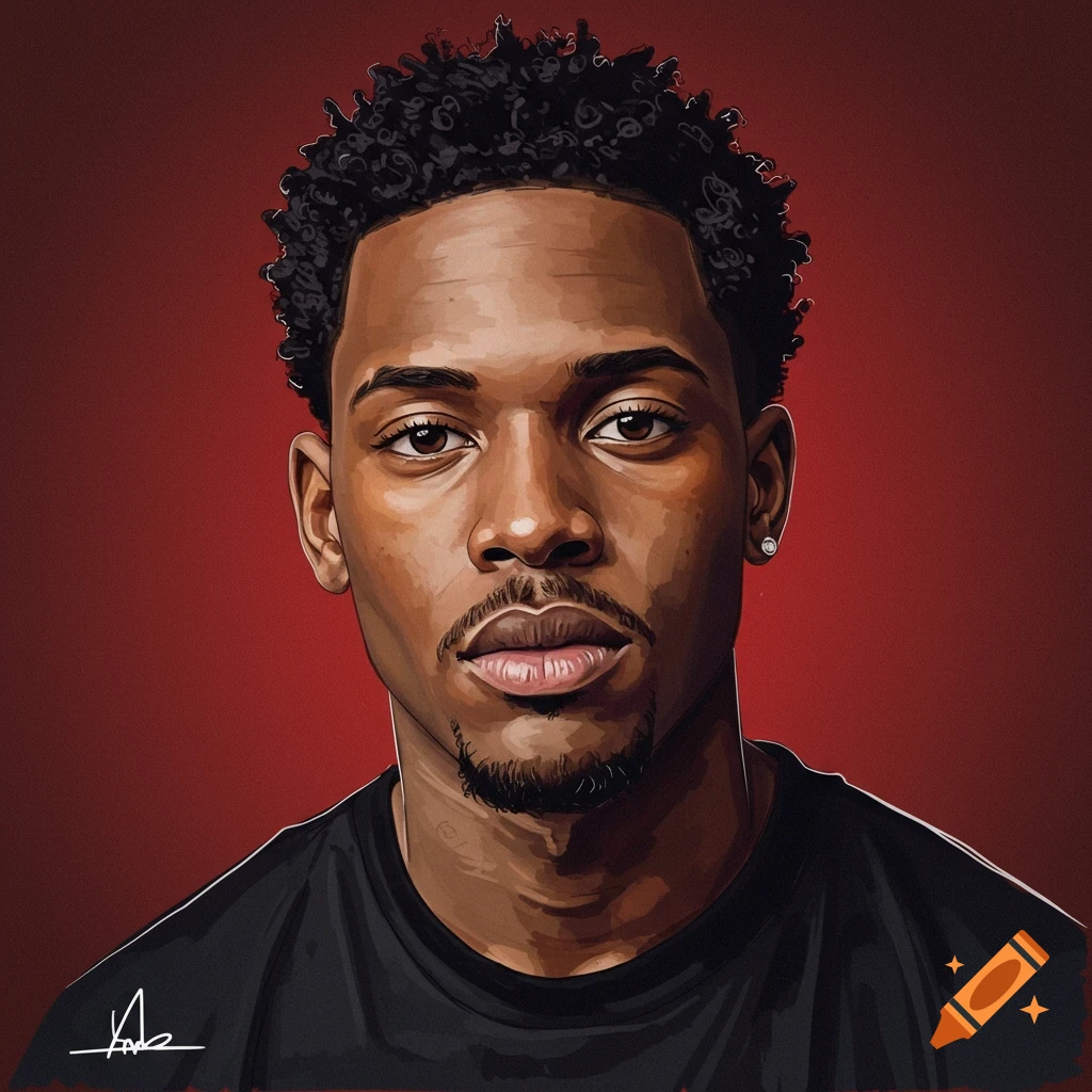 Portrait of a young Black man with curly hair against a red background.