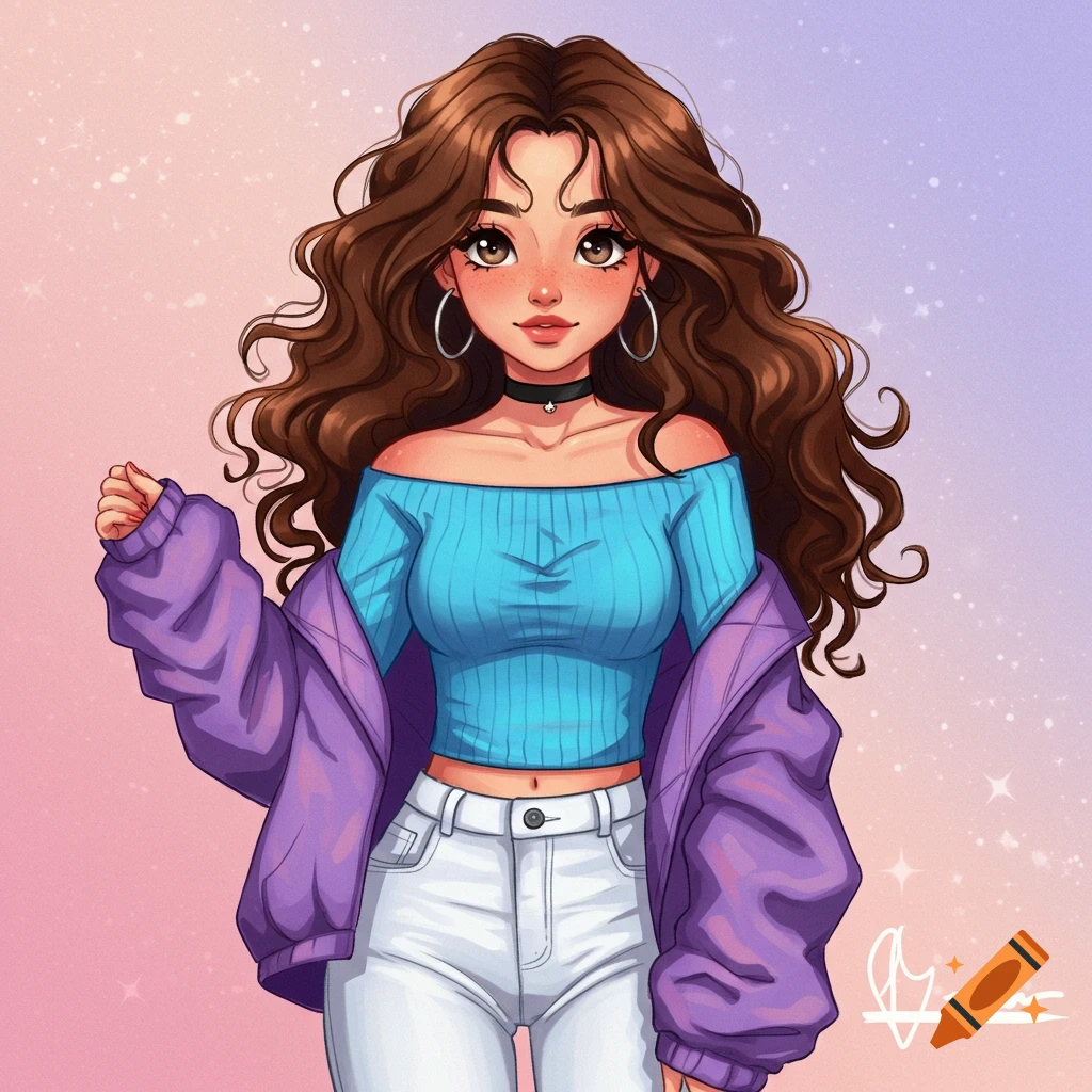 Anime girl with long curly brown hair wearing a blue off-shoulder shirt, white jeans, and a purple jacket.