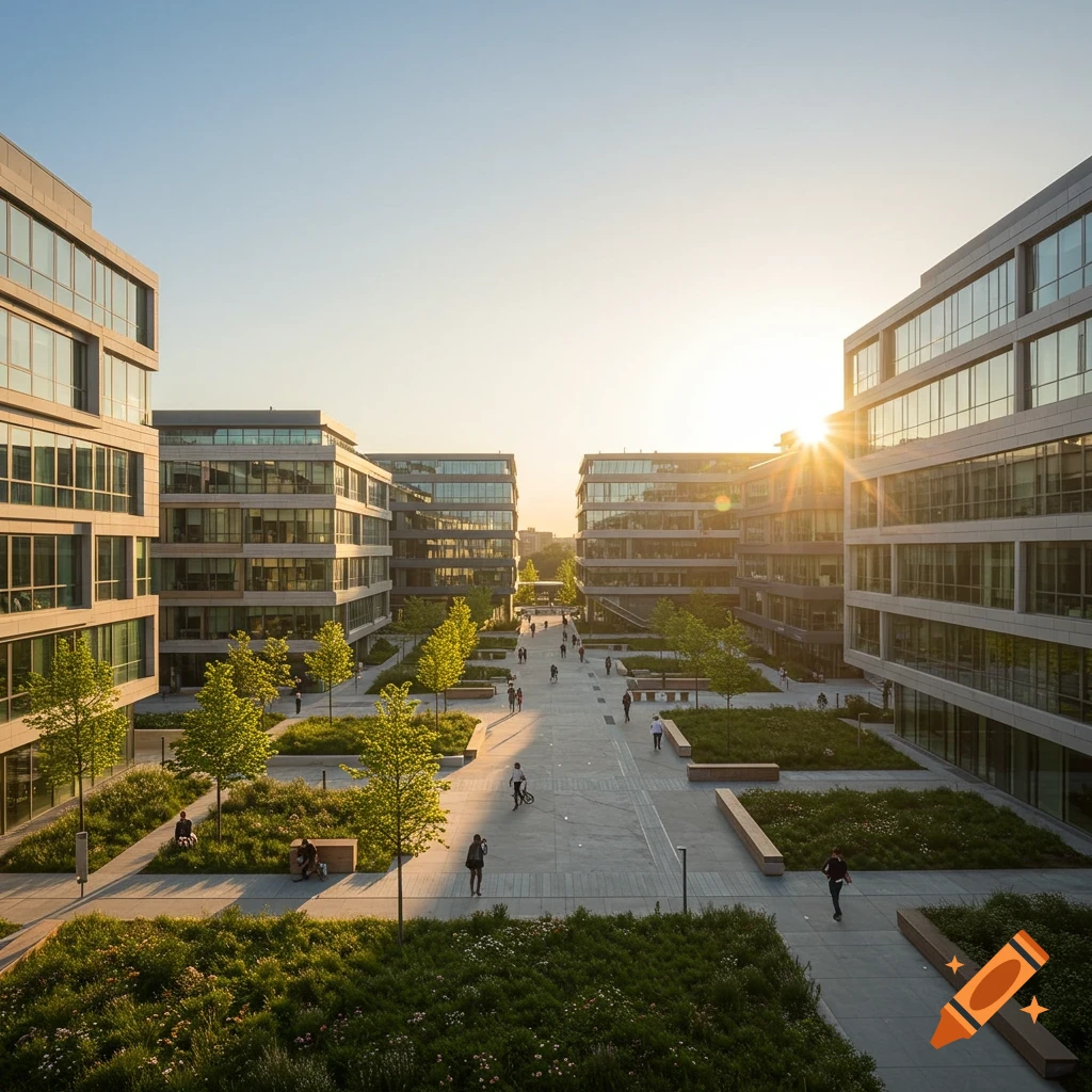 View of a modern office campus courtyard with trees and people walking in golden hour light.