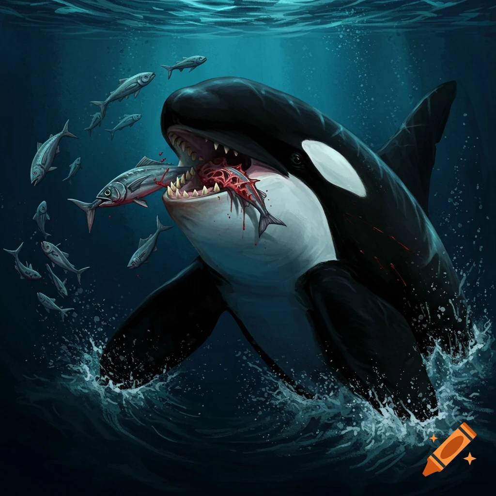 An orca is eating fish in the ocean with blood showing