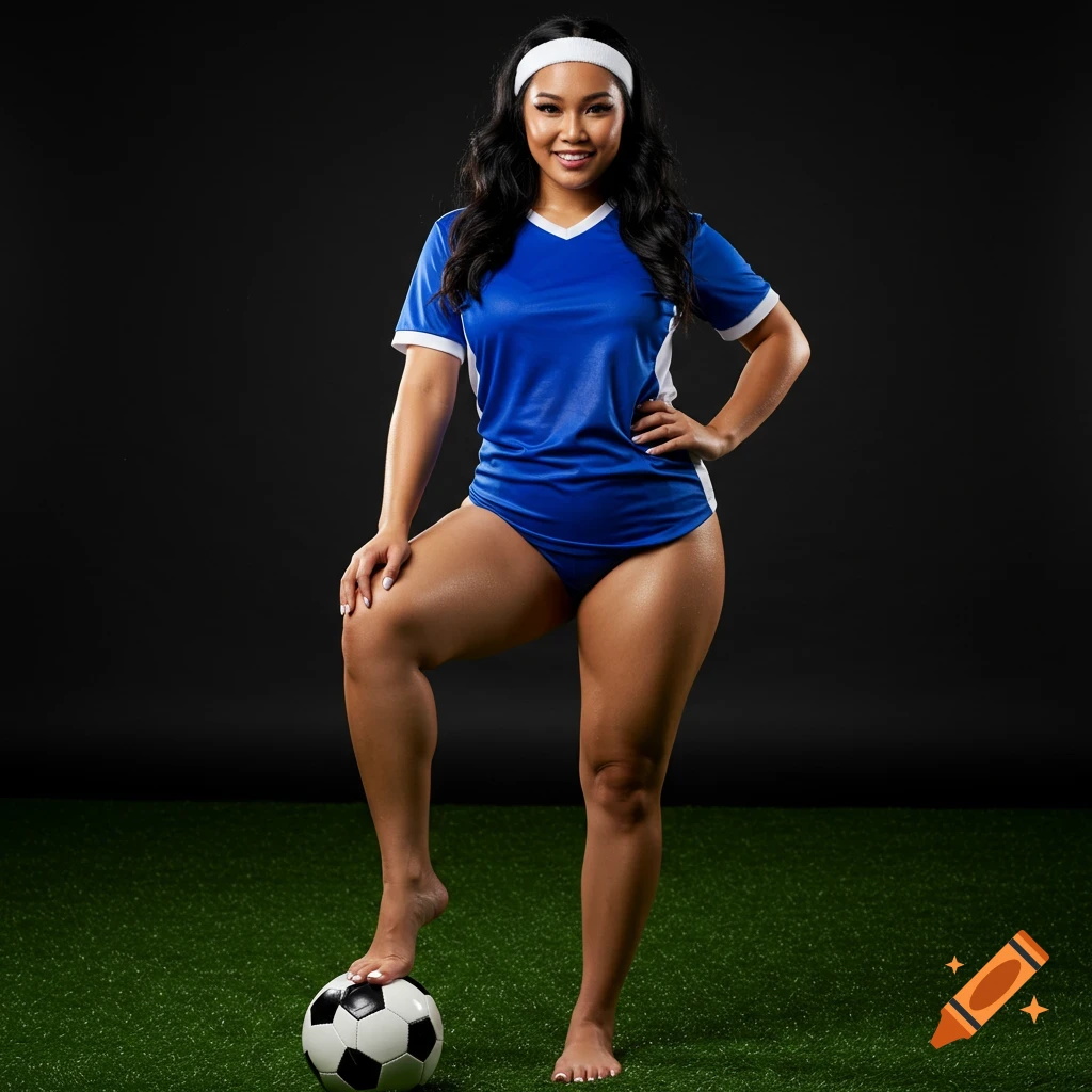 A woman in a blue soccer jersey and shorts poses with one foot on a soccer ball on artificial grass in a studio.