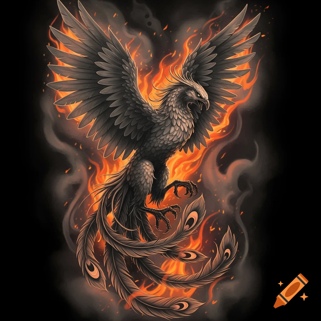 A black and grey phoenix rising from flames
