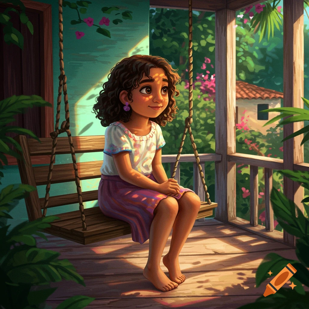 A young girl with curly hair sits on a wooden porch swing surrounded by tropical foliage in sunlight.
