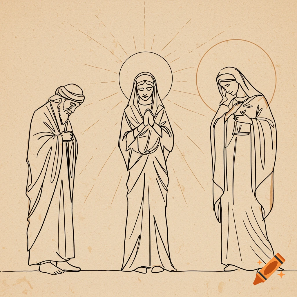 Minimalist continuous line art of three robed figures, the central one praying with a halo.