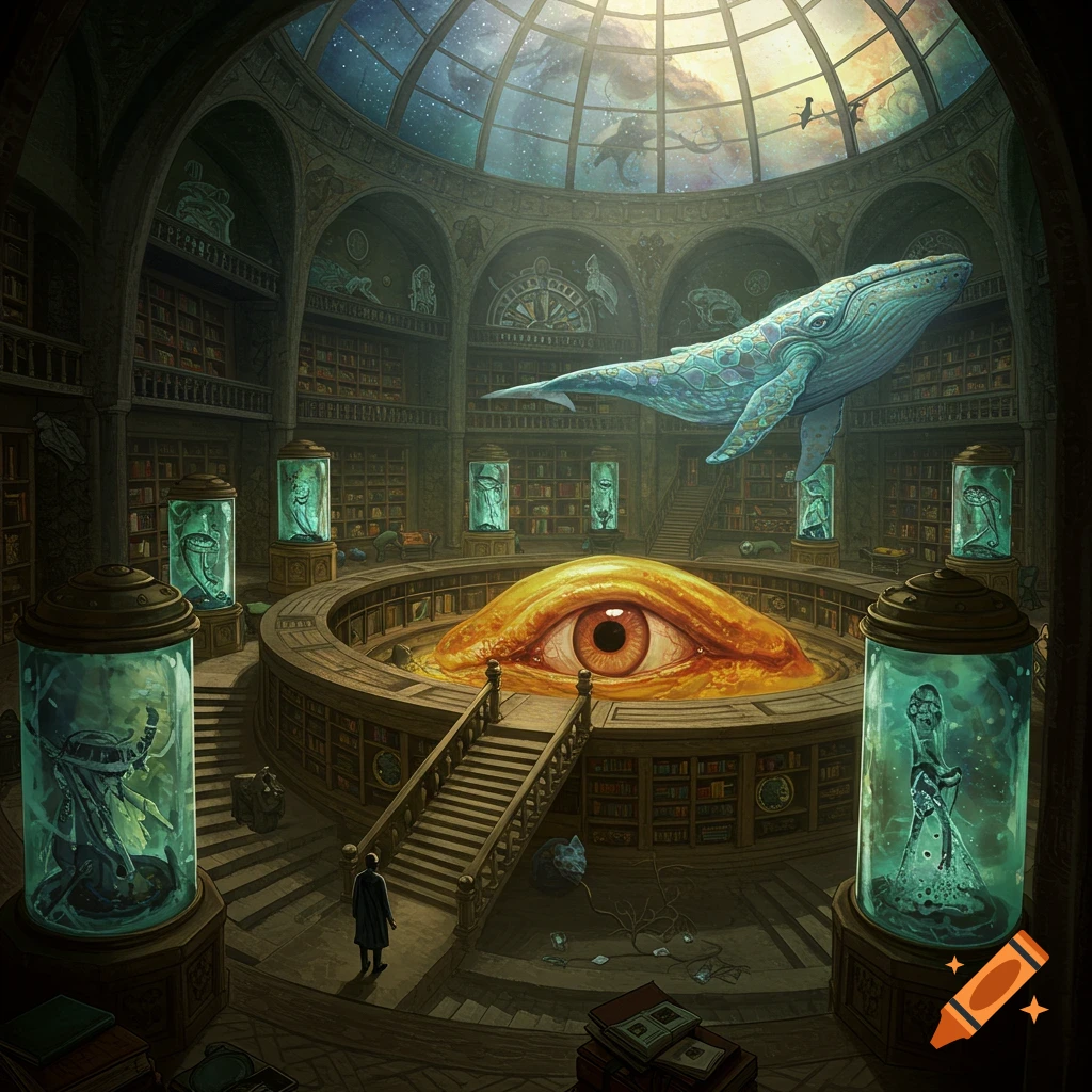 Surreal library with a giant eye, tanks, and a whale swimming overhead.