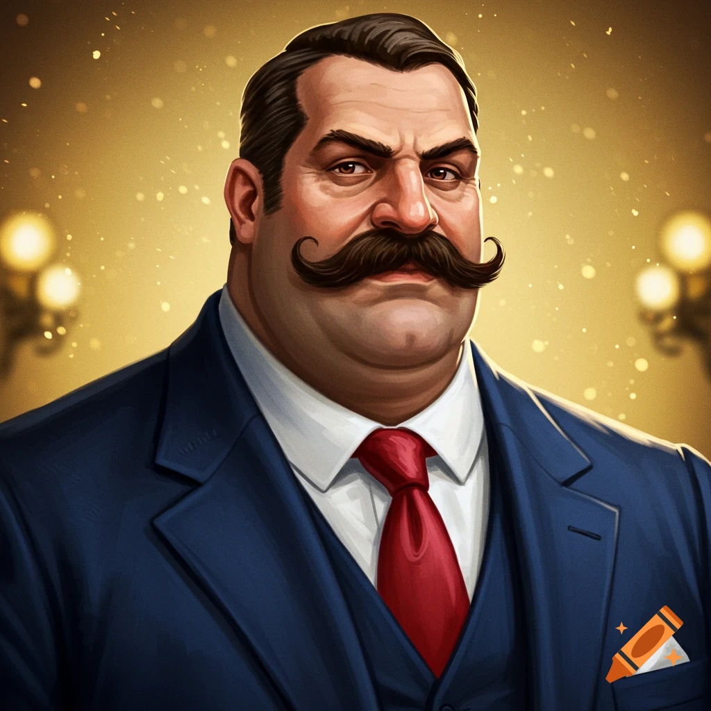 A man with a large mustache wears a blue suit and red tie