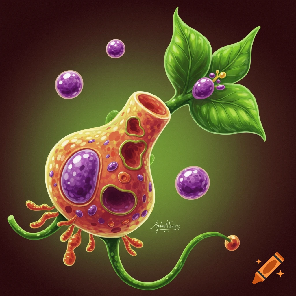 Cartoon illustration of a cellular or plant-like creature with leaves, tendrils, and floating spheres.