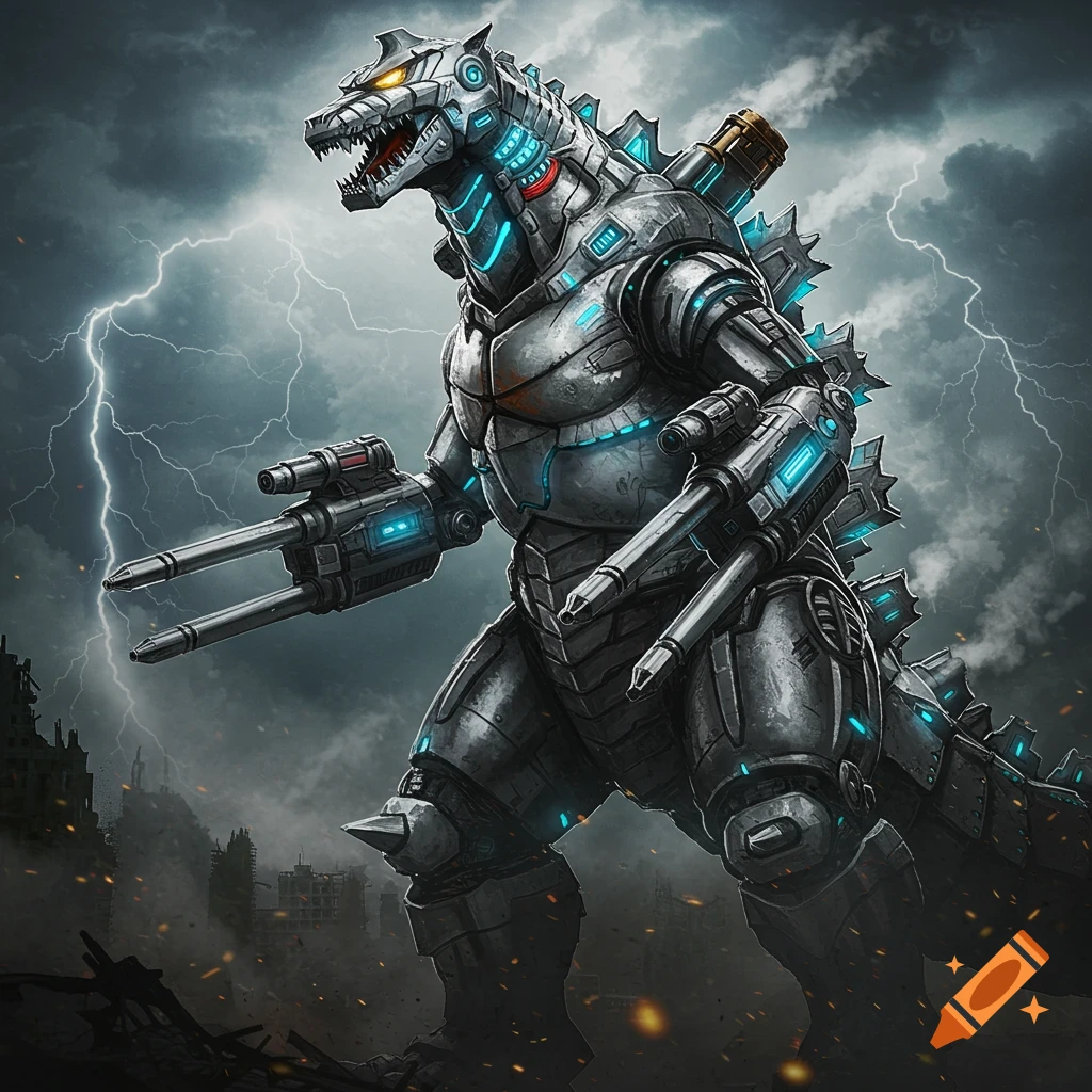 a metallic robotic monster standing in a ruined city under a stormy sky with lightning.