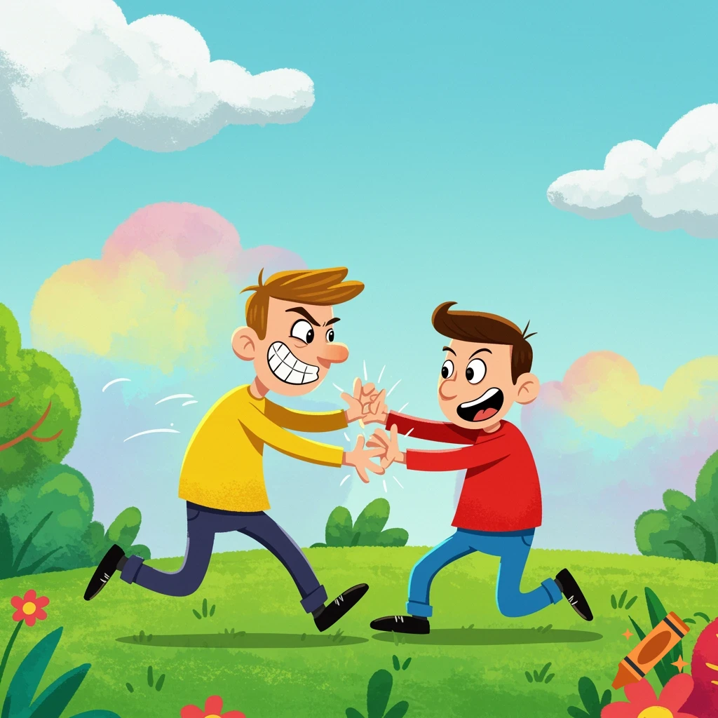 Two cartoon boys in a sunny park having a playful tickle fight.