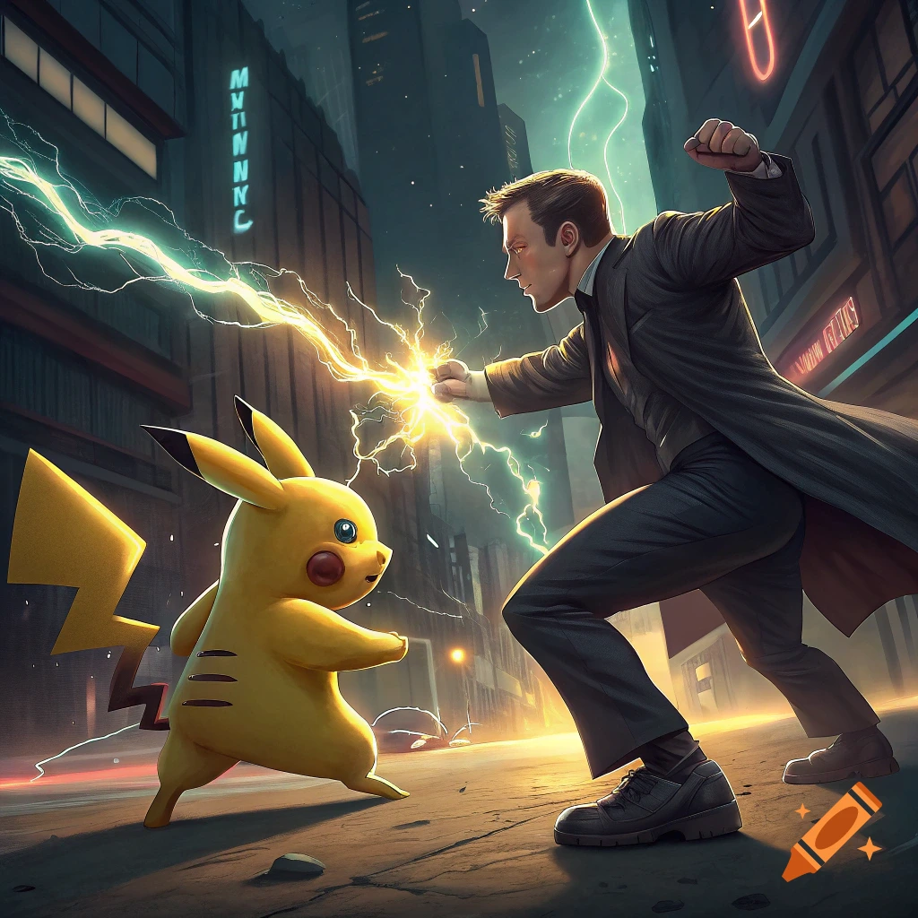 Illustration of Elon Musk fighting Pikachu with lightning in a futuristic city street at night.
